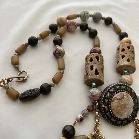 Genuine Gemstone Jasper Mixed Beaded Statement Costume Artisan Estate Necklace - Picture 9 of 12